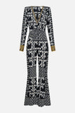CAMILLA READ MY GLYPHS DRAPED V NECK JERSEY FLARED JUMPSUIT