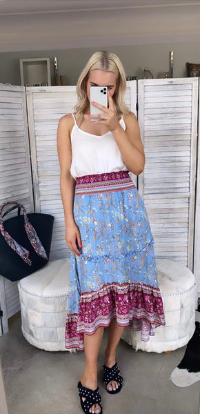 STEVIE HI LOW TIERED MAXI SKIRT IN BLUE FLORAL
