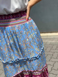 STEVIE HI LOW TIERED MAXI SKIRT IN BLUE FLORAL