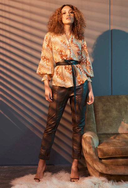 ONCE WAS HEMINGWAY HIGH WAIST RELAXED LEATHER PANT WITH ROLLED CUFF IN CHOCOLATE