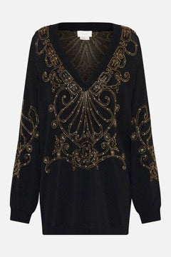 CAMILLA SHADOWS OF ARMADA EMBELLISHED V NECK KNIT IN BLACK Loca