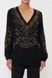 CAMILLA SHADOWS OF ARMADA EMBELLISHED V NECK KNIT IN BLACK
