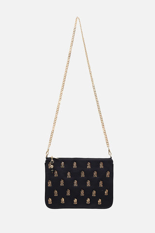 CAMILLA SOLID BLACK EMBELLISHED ZIP TOP CLUTCH WITH STRAPS