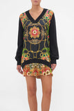 CAMILLA JEALOUSY AND JEWELS V NECK SILK FRONT JUMPER