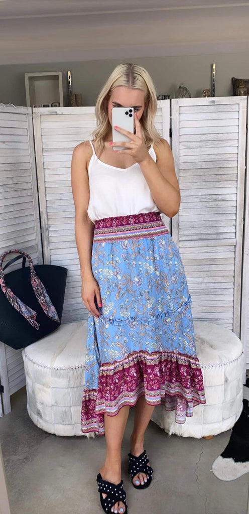 Tiered Floral Print Maxi Skirt in Mint  Roman Originals UK