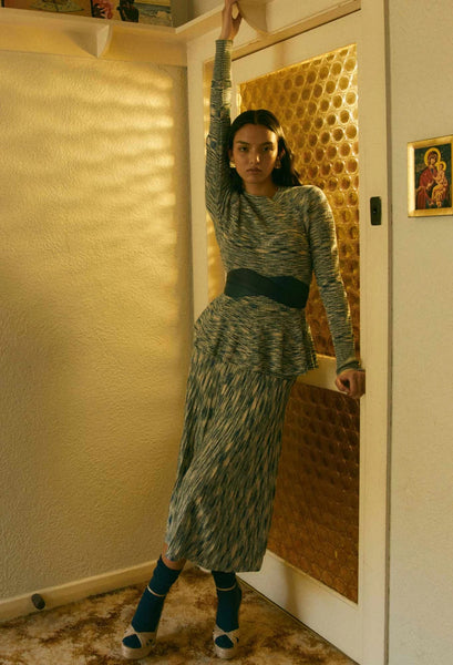 ONCE WAS HARMONY VISCOSE KNIT SKIRT IN NAVY PAMPAS