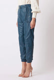 ONCE WAS TALLITHA LEATHER HI WAIST ELASTIC CUFF PANT IN STEEL BLUE