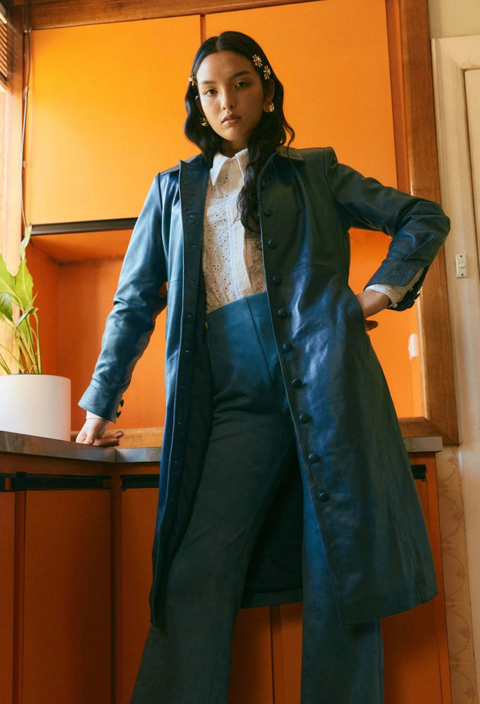 ONCE WAS LOREN LEATHER SHIRT DRESS IN STEEL BLUE ONCE WAS LOREN LEATHER SHIRT DRESS IN STEEL BLUE