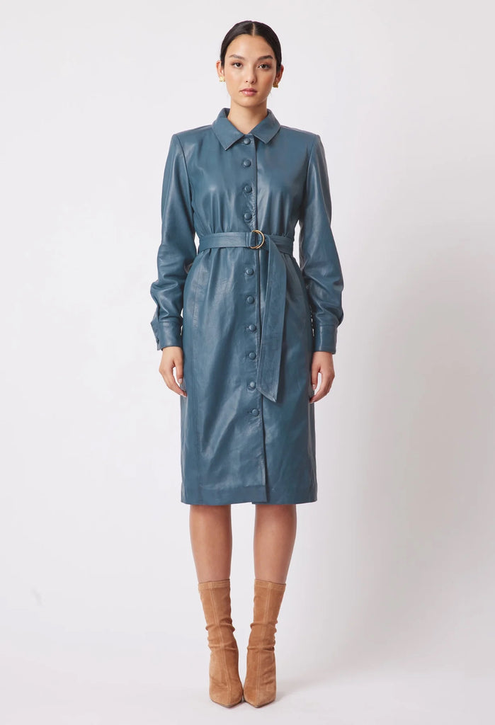 ONCE WAS LOREN LEATHER SHIRT DRESS IN STEEL BLUE Loca Bella ONCE WAS LOREN LEATHER SHIRT DRESS IN STEEL BLUE Loca Bella