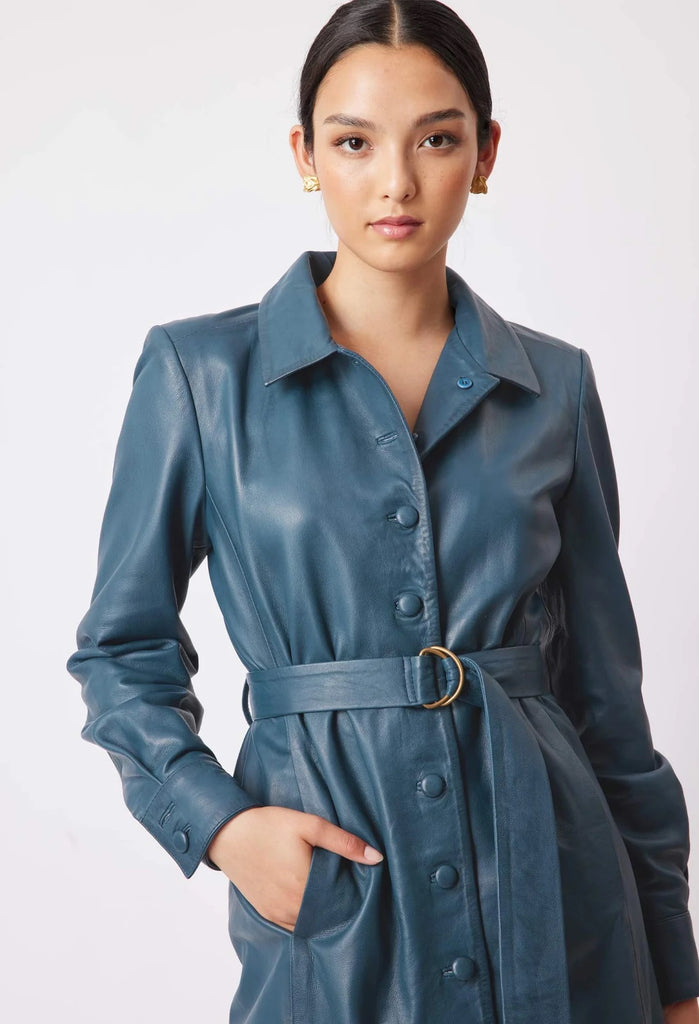 ONCE WAS LOREN LEATHER SHIRT DRESS IN STEEL BLUE ONCE WAS LOREN LEATHER SHIRT DRESS IN STEEL BLUE