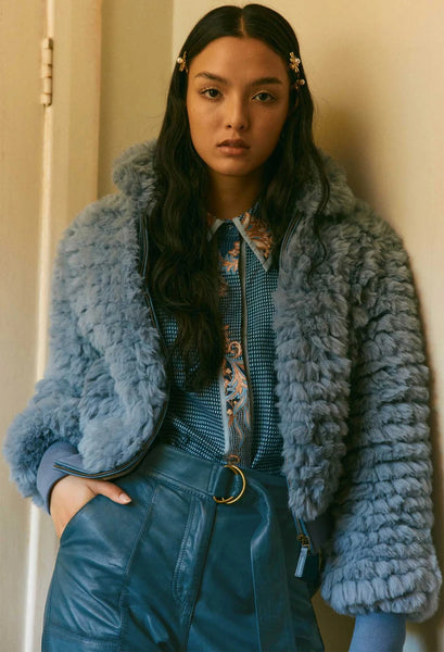 ONCE WAS TALLITHA FAUX FUR BOMBER JACKET IN SKY