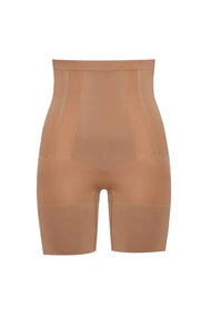 SPANX ON-CORE HIGH WAISTED MID-THIGH SHORT IN CAFE AU LAIT
